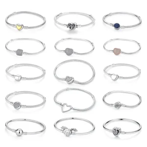 Original 925 Sterling Silver Bracelets Bangles Love Heart Clip Charms Beads Snake Chains For Women Rose Gold DIY Luxury Jewelry