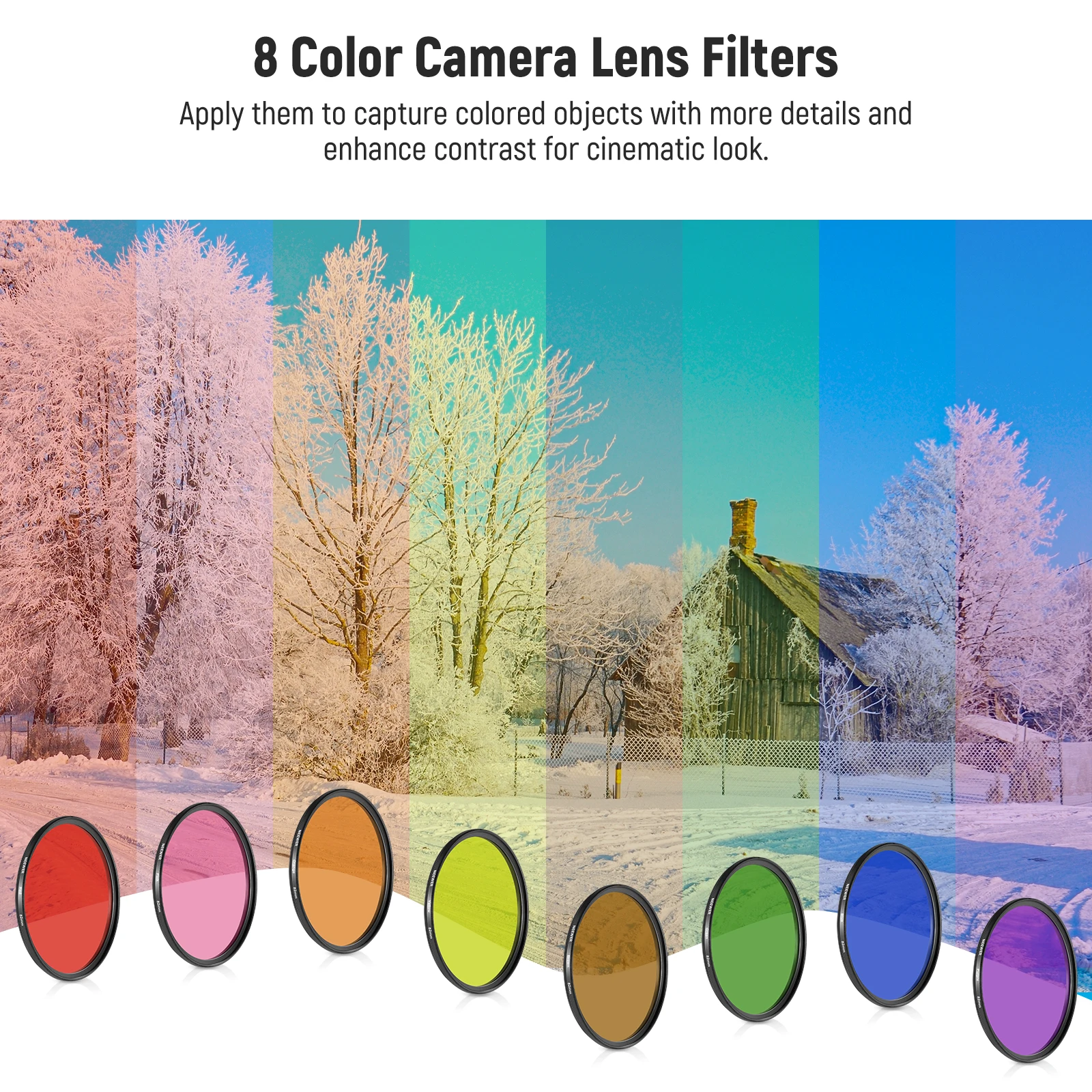 NEEWER 9PCS Full Color Lens Filter Set Resin Lens Filters with Red Orange Blue Yellow Green Brown, Purple Pink Gray Camera Lens - Image 4