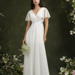 Simple Beach Ivory Wedding Dresses For Women A-Line Puffer Short Sleeve V-Neck Pleat Tulle Open Back Bridal Prom Gowns With Belt