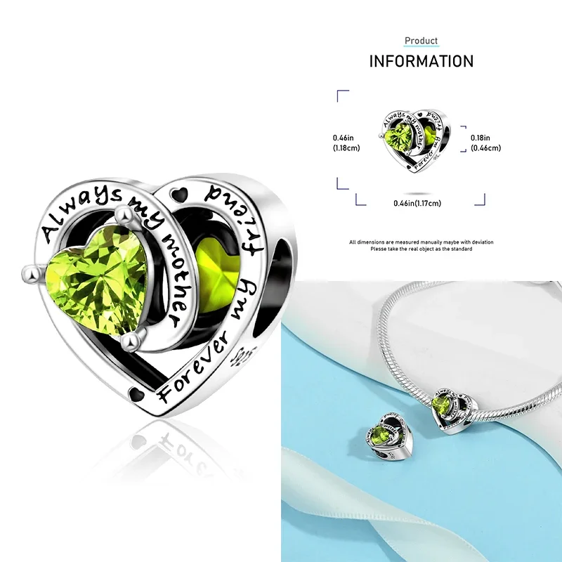 925 Sterling Silver 12 Months Birthstone Heart-shaped Beads Charms Fit Original Bracelet Charm Beads Necklace Diy Female Jewelry - Image 24