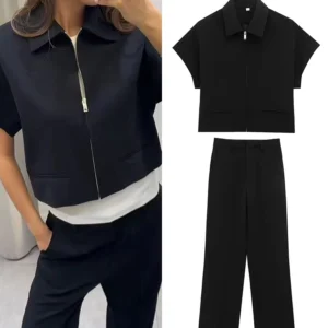 TFMLN Fashion Set For Women Summer 2025 New Slim Lapel Zipper Short Sleeve Coat Top Wide Leg Pants Two Piece Set Leisure Black