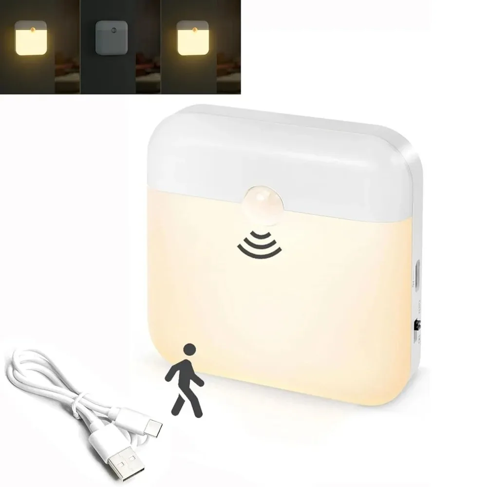 PIR Motion Sensor LED Night Light USB Rechargeable Withswitch Night Lamp for Bedroom Kitchen Cabinet Light Wireless Closet Light