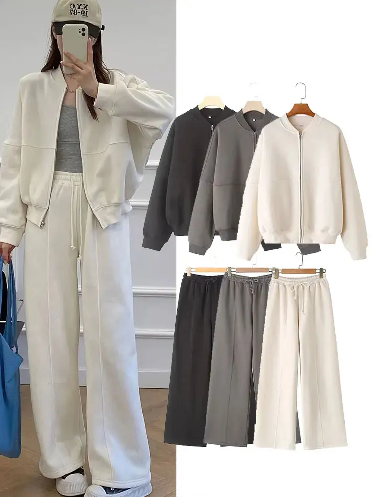 HH Women's Fall 2-Piece Retro Solid Color Zip Bomber Jacket Sweatshirt+High Waist Lace Up Women's Wide Leg Pants Street Wear - Image 2