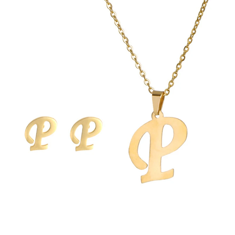 Fashion Stainless Steel Alphabet Initial Necklace 26 English Letter Earrings Necklace For Women Set Personalize Jewelry Gift - Image 24