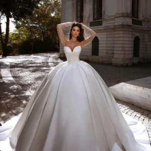 Strapless Wedding Dresses A-Line Satin Sweep Train Bridal Gown V Neck Ball Gown with Lace Up Back