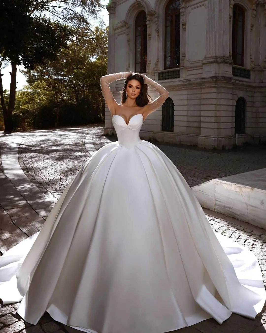 Strapless Wedding Dresses A-Line Satin Sweep Train Bridal Gown V Neck Ball Gown with Lace Up Back