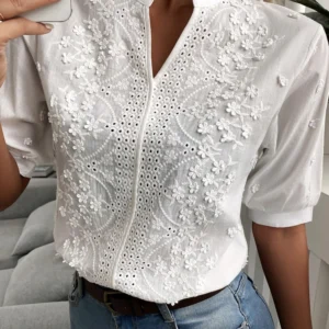 Summer Floral Embroidery Lace Blouse Fashion Women V Neck Casual Shirt Chic Short Sleeve Hollow Out Tops Elegant Blusas 24350