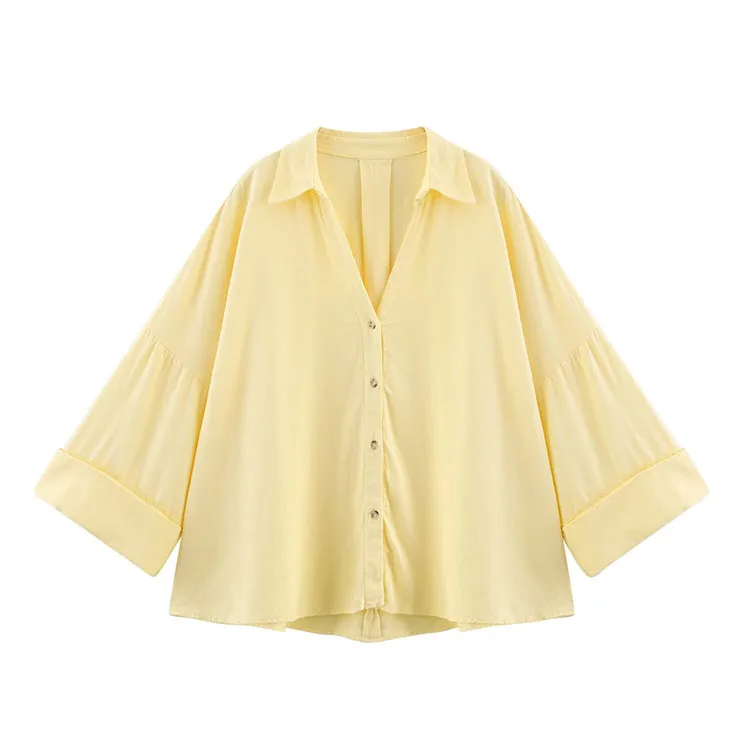 HipSeam Wide Sleeved Shirt Women Spring Asymmetric Hem Button Women's Shirts Simple Lady Johnny Collar Shirts & Blouses - Image 11