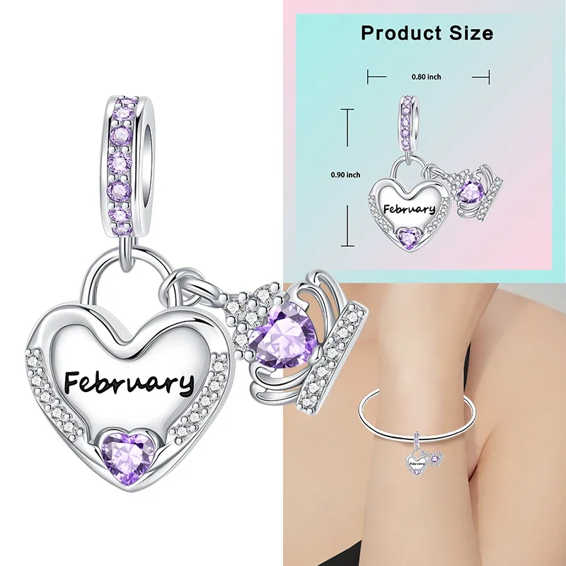 925 Sterling Silver 12 Months Birthstone Heart-shaped Beads Charms Fit Original Bracelet Charm Beads Necklace Diy Female Jewelry - Image 50