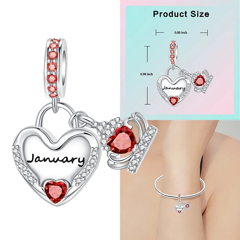 925 Sterling Silver 12 Months Birthstone Heart-shaped Beads Charms Fit Original Bracelet Charm Beads Necklace Diy Female Jewelry - Image 44