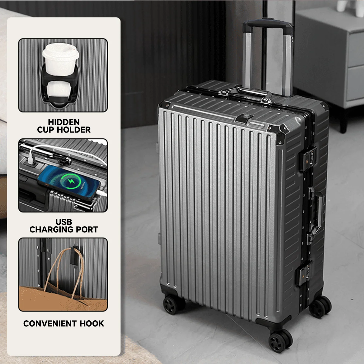 Trolley Luggage 20 24 26 28" Aluminum Frame Rolling Luggage Case USB Travel Suitcase on Wheels Combination Lock Carry on Luggage - Image 9