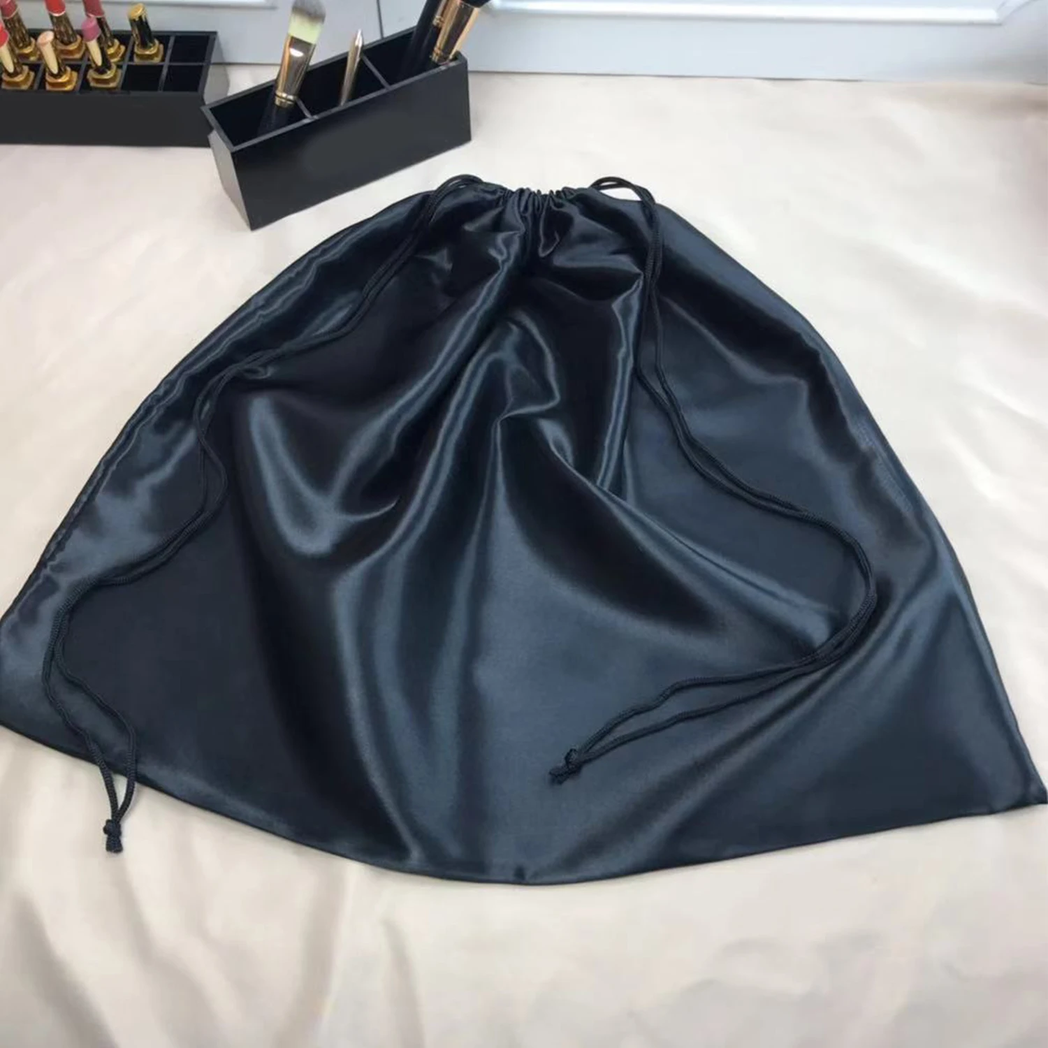 Large Silk Satin Drawstring Care Bag Custom Wigs Storage Dust Proof Packaging Pouch Black Reusable Sack Handbag Shoes Travel Bag - Image 13