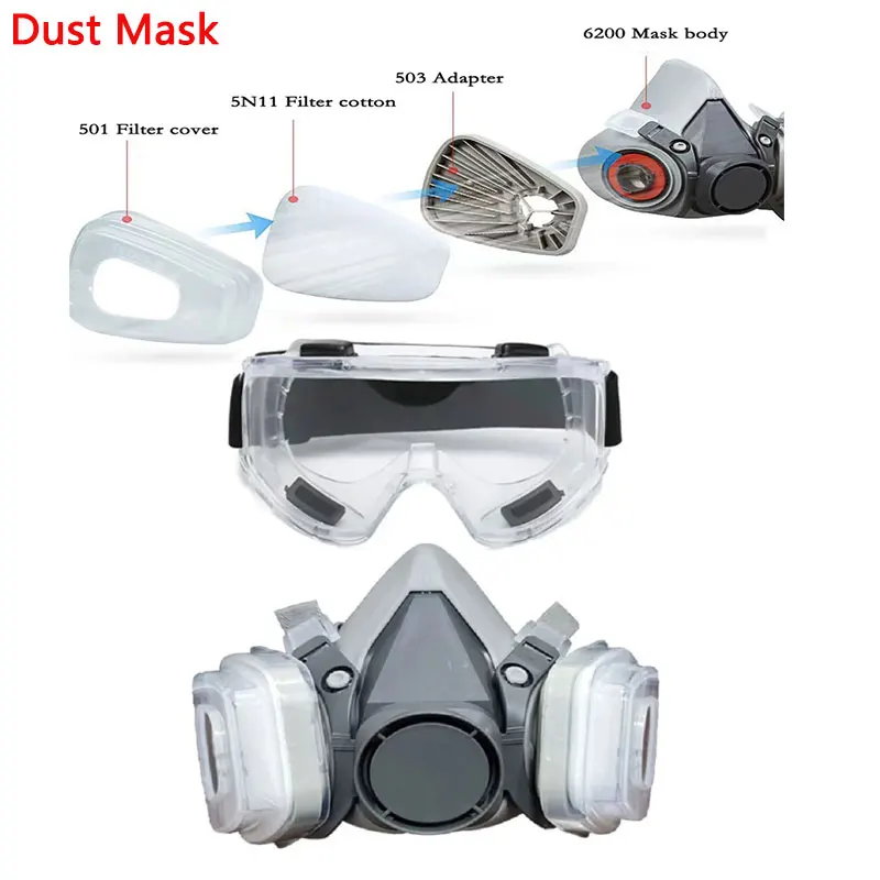 6200 Dust Mask Half Face With 503 5N11 Particle Filters Goggles Set For Industrial Labor Dust Paint Spray Decoration Grinding 