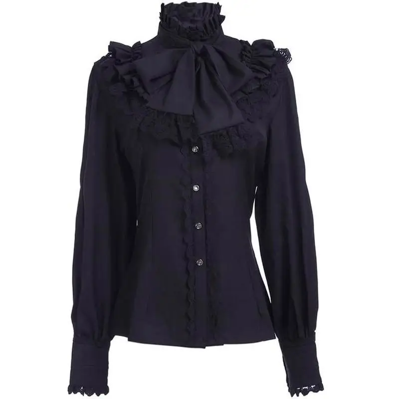Women's Vintage Ruffle Collar Shirt 2026 Spring New Arrival High Neck Lace Trim Button Down Shirt Elegant Gothic Blouse Tops - Image 5