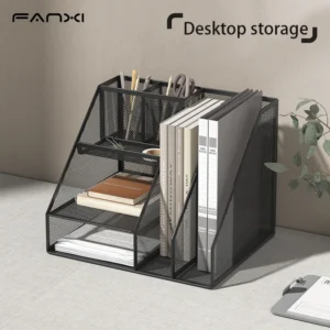 Desk Organizer with File Holder, Desk Organizers with 3 Tier Letter Trays and 2 Pen Holders, Mesh Desk Accessories & Workspace