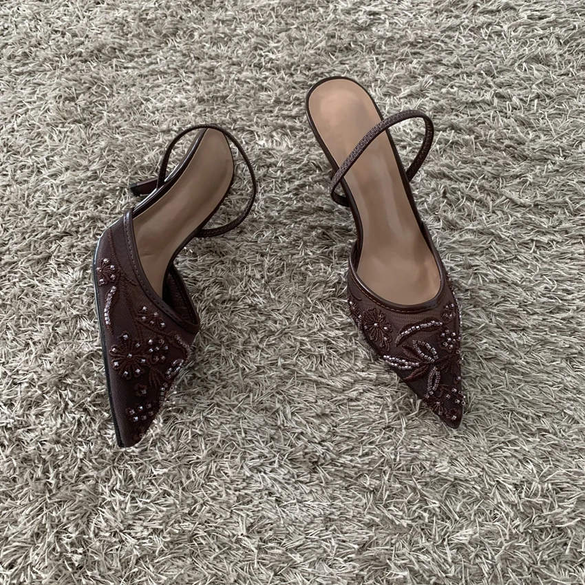 2026 String Bead Mesh Embroider Slingback High Heels Women Sexy Pointed Toe Heeled Sandals Summer Elegant Luxury Designer Shoes - Image 4