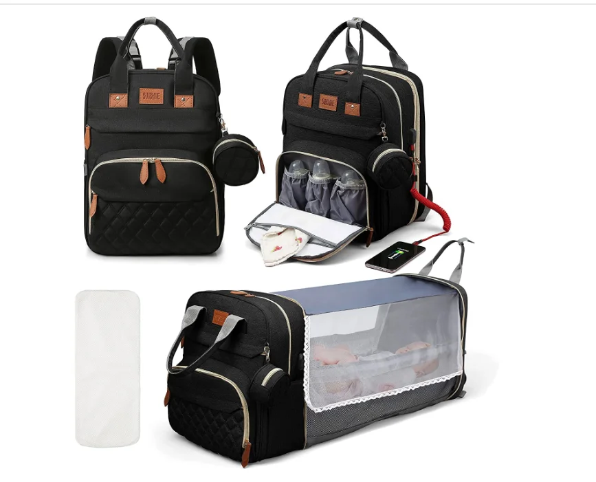 3 In 1 Diaper Bag Backpack Foldable Baby Bed Waterproof Travel Bag with USB Charge Diaper Bag Backpack with Changing Bed 3 types - Image 9