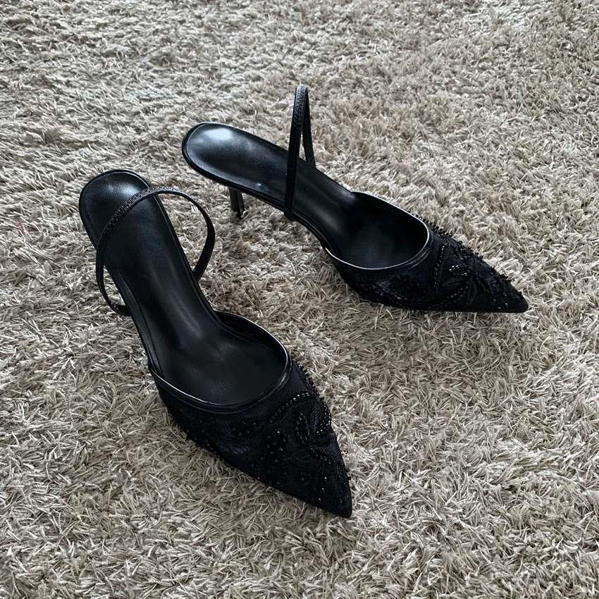 2026 String Bead Mesh Embroider Slingback High Heels Women Sexy Pointed Toe Heeled Sandals Summer Elegant Luxury Designer Shoes - Image 7