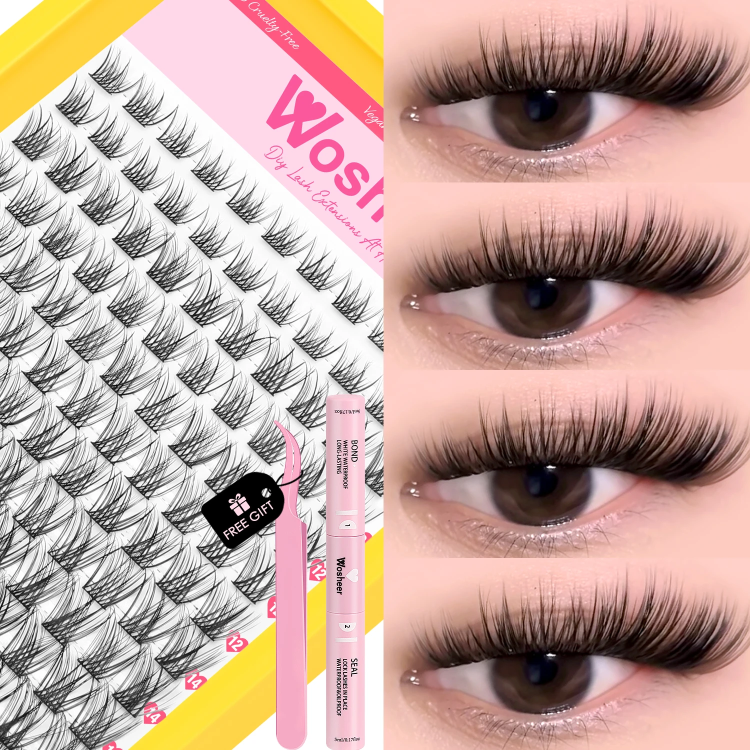 WOSHEER Lashes Cluster Kit Cat Lashes DIY Natural Eyelash Extension Kit Lash Bond & Seal Eyelash Clusters Set Makeup - Image 4
