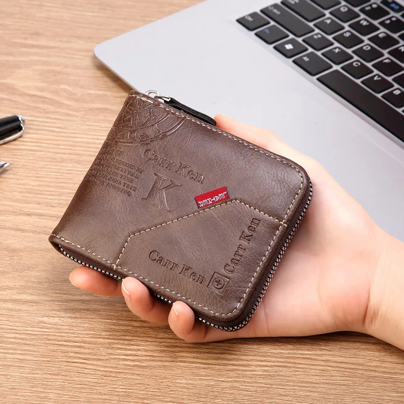 Men's PU Waxed Oil Leather Wallet Short Bifold Coin Purse with All-Around Zipper for Cash And Cards - Image 4