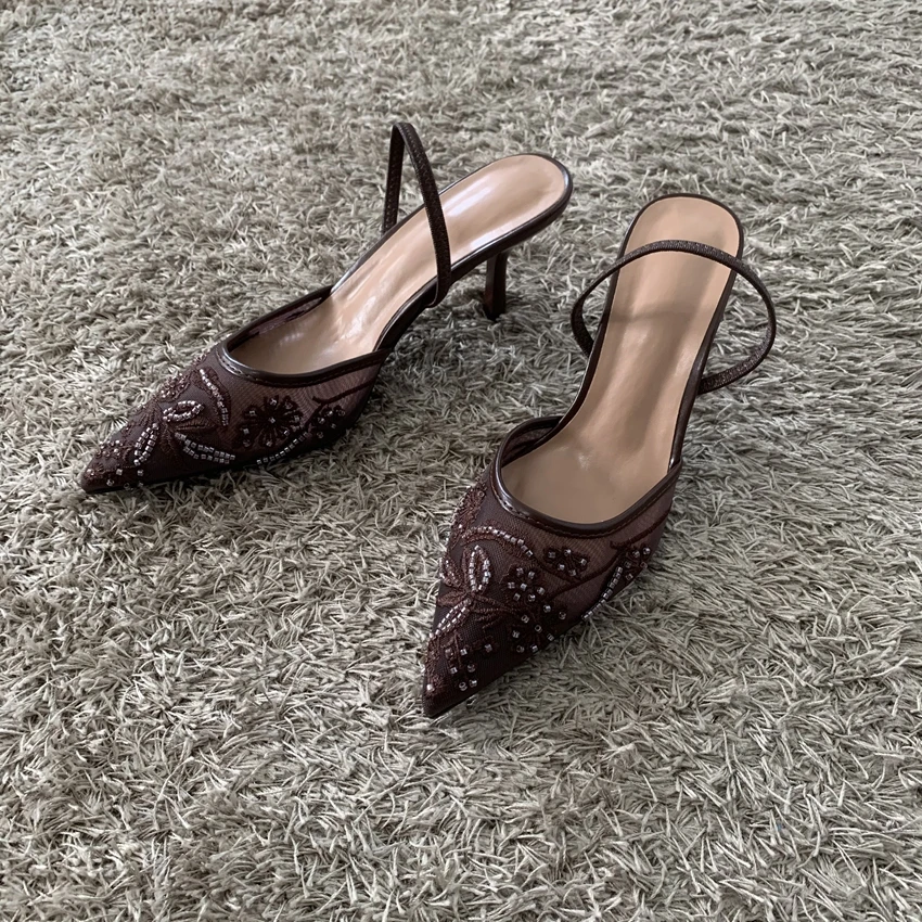 2026 String Bead Mesh Embroider Slingback High Heels Women Sexy Pointed Toe Heeled Sandals Summer Elegant Luxury Designer Shoes