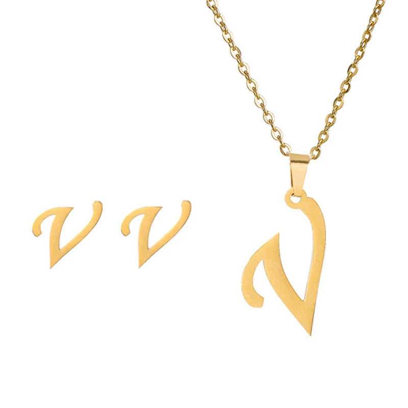 Fashion Stainless Steel Alphabet Initial Necklace 26 English Letter Earrings Necklace For Women Set Personalize Jewelry Gift - Image 22