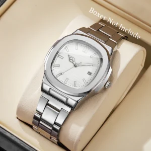 Men Fashion Wristwatches Business Square Dial Stainless Steel Strap Quartz Watch with Calendar For Mens Clock（Without Box）
