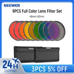 NEEWER 9PCS Full Color Lens Filter Set Resin Lens Filters with Red Orange Blue Yellow Green Brown, Purple Pink Gray Camera Lens