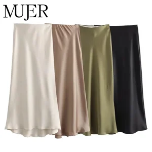 MUJER Woman 2026 Satin Skirt Women High Waist Long Skirts For Women Summer Black Midi Skirt Woman Office Elegant Women's Skirts