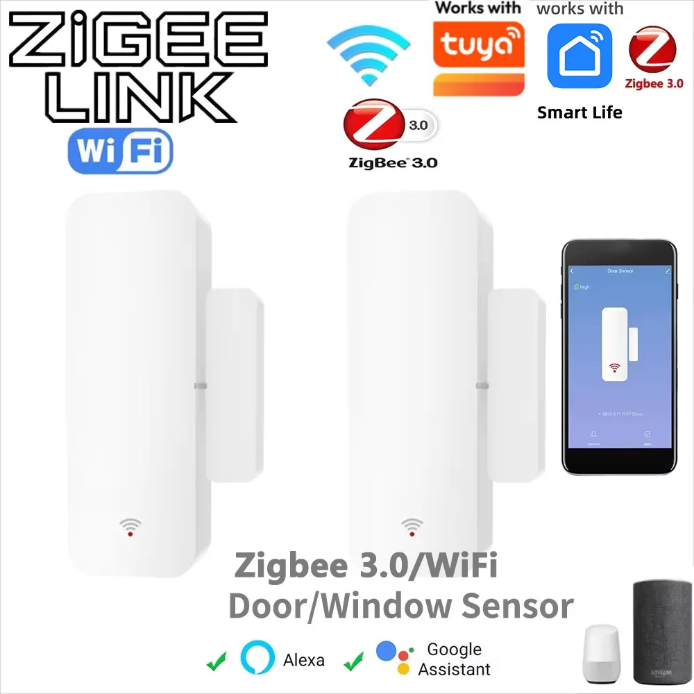 Work with Tuya Zigbee 3.0 WiFi Smart Door Window Sensor Open Close Detector Home Security Alarm Voice Control Alexa Google Home