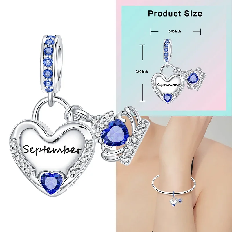 925 Sterling Silver 12 Months Birthstone Heart-shaped Beads Charms Fit Original Bracelet Charm Beads Necklace Diy Female Jewelry - Image 47