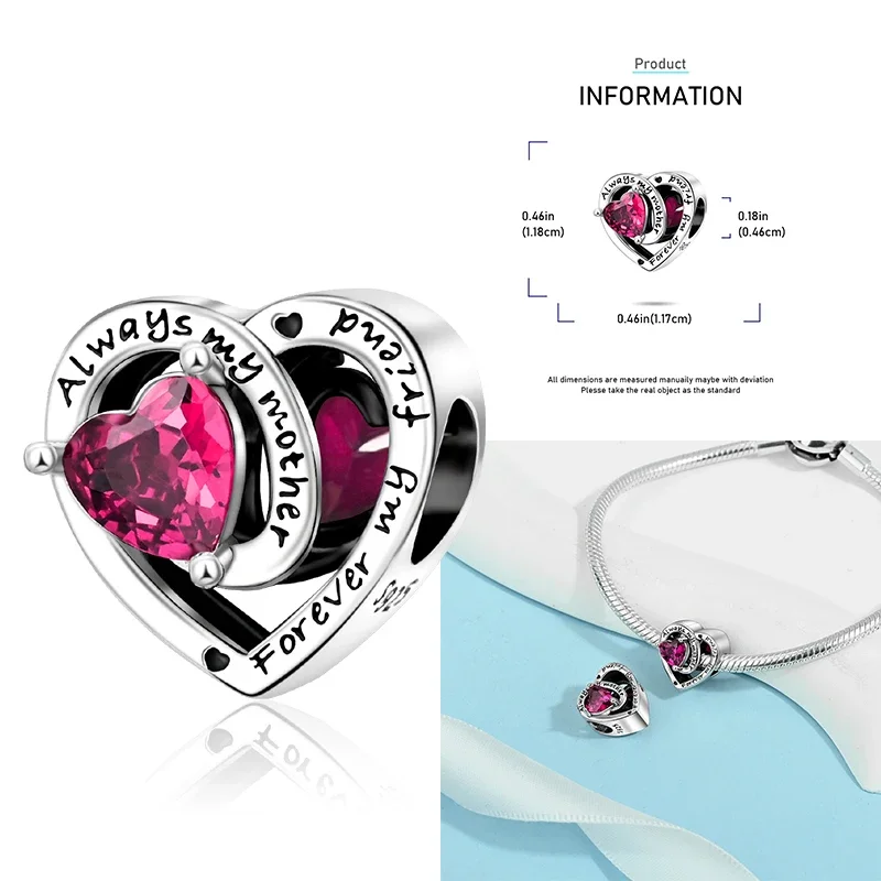 925 Sterling Silver 12 Months Birthstone Heart-shaped Beads Charms Fit Original Bracelet Charm Beads Necklace Diy Female Jewelry - Image 21