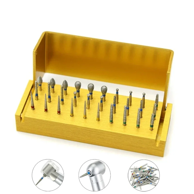 30 Pcs/Set Aluminium Dental Burs Kit With Holder Dental Diamond Burs For High Speed Handpiece Turbine Burs Disinfection Box