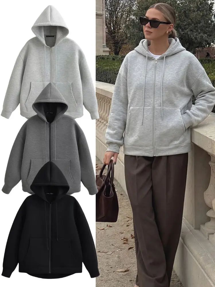 HH 2026 Casual Women's Soild Zipper Hoodie Long Sleeve Big Pocket Zipper Jacket With Hood Female Loose Outerwear Coat Tops