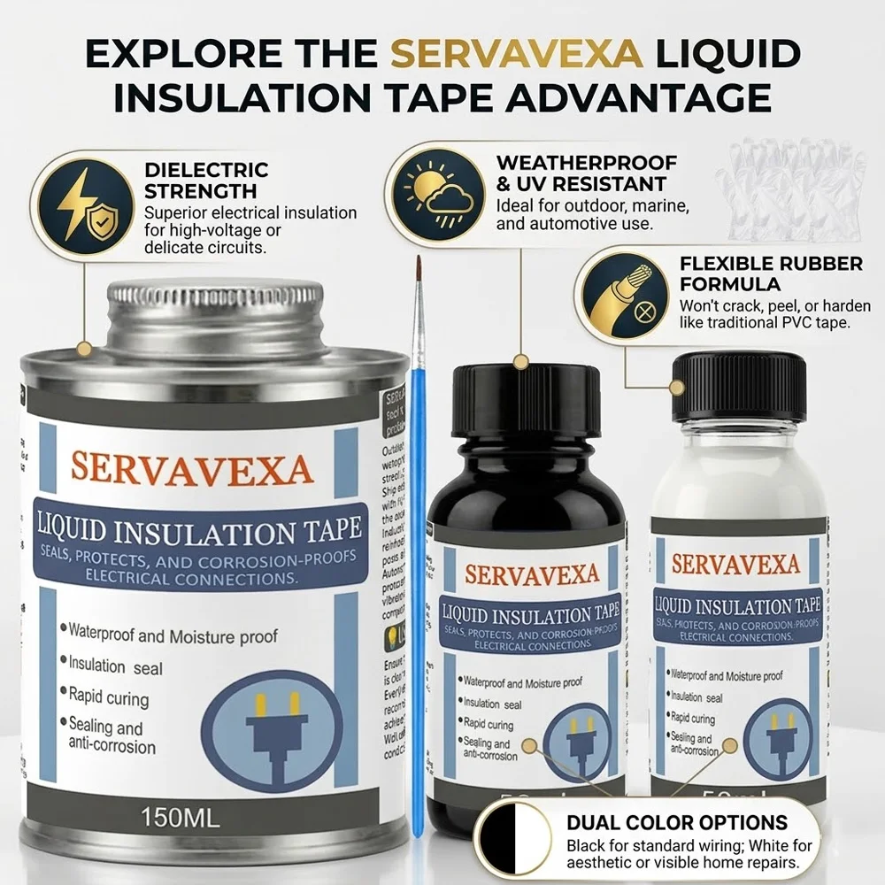 SERVAVEXA Liquid Electrical Tape Kit, Waterproof Insulation Sealant with Brush & Gloves, Rapid Curing for Outdoor Wiring - Image 2