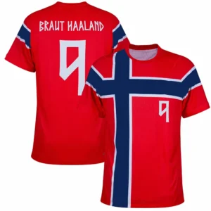 Norway Soccer Jersey Red Base Crew Cuffs Splash Cross Flag Graphic White No.9 National Detail 2026 Crest Fan Football Shirt
